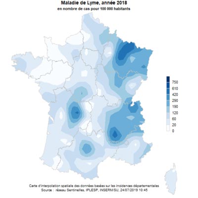 Répartition de la maladie de Lyme en France en 2018 (c) réseau sentinelle