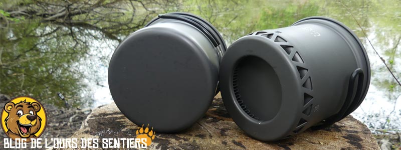 Pour comparer le temps de chauffe et d'ébullition entre des pots avec et sans échangeur thermique, les modèles Biwak 1-2 personnes en aluminium anodisé Origin Outdoors seront utilisés