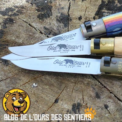 Les couteaux pliants old bear sont facilement reconnaissables grace à l'ours gravé sur leurs lames et leur virole de sécurité spécifique