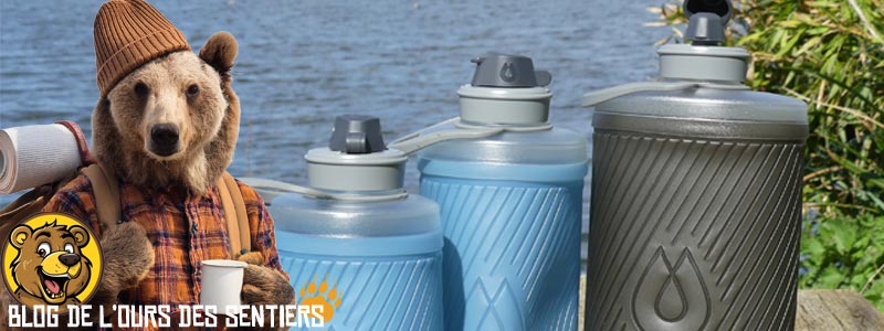 Pour l'Ours des Sentiers, la gourde souple Flux Hydrapak lui permet de randonner léger tout en l'utilisant avec un filtre bouchon efficace