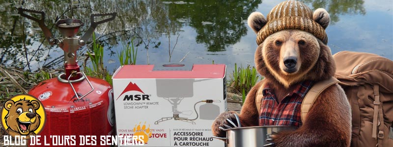 Test du déporteur de cartouche msr lowdown pour réchaud pocket rocket par le blog de l'ours des sentiers