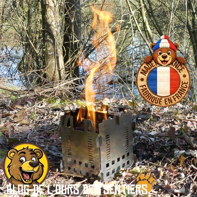 Réchaud à bois Fabobliss pliable inox fabrication française pour bivouac, randonnée et bushcraft.