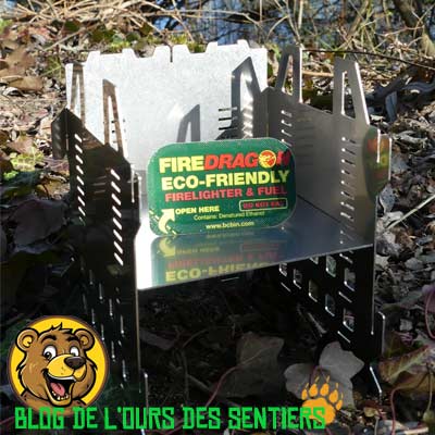 Réchaud Fabogliss multi combustible avec gel éthanol Firedragon BCB pour bivouac.